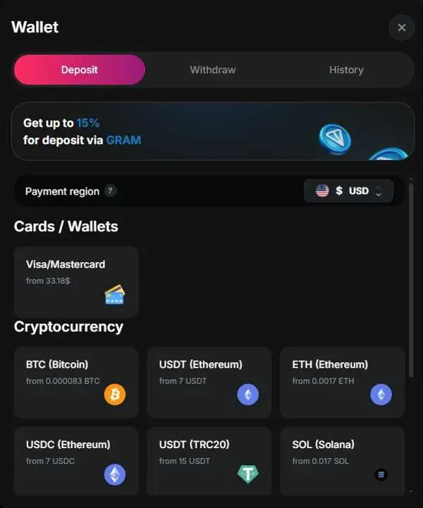 Sneket casino deposit screen showing crypto and payment method options