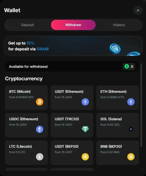 Sneket casino withdrawal screen with crypto payout methods and minimum amounts