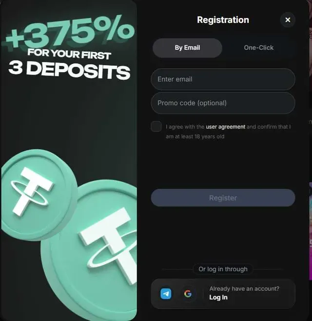 Sneket casino sign-up and login screen showing the +375% welcome bonus